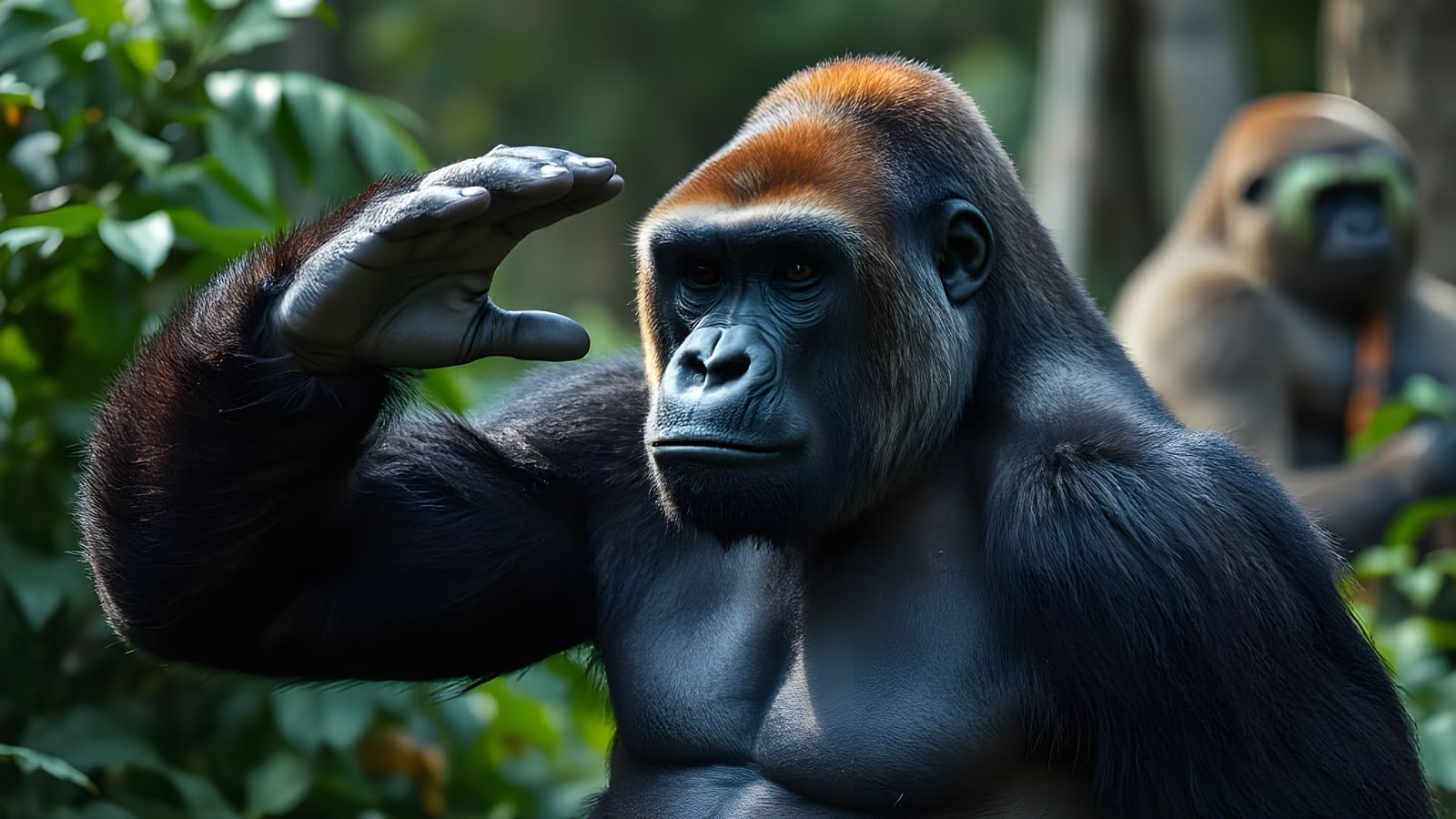 an alpha male gorilla who salutes