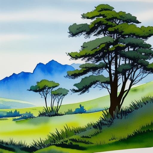 Watercolor and Ink Mountain Meadow Landscape