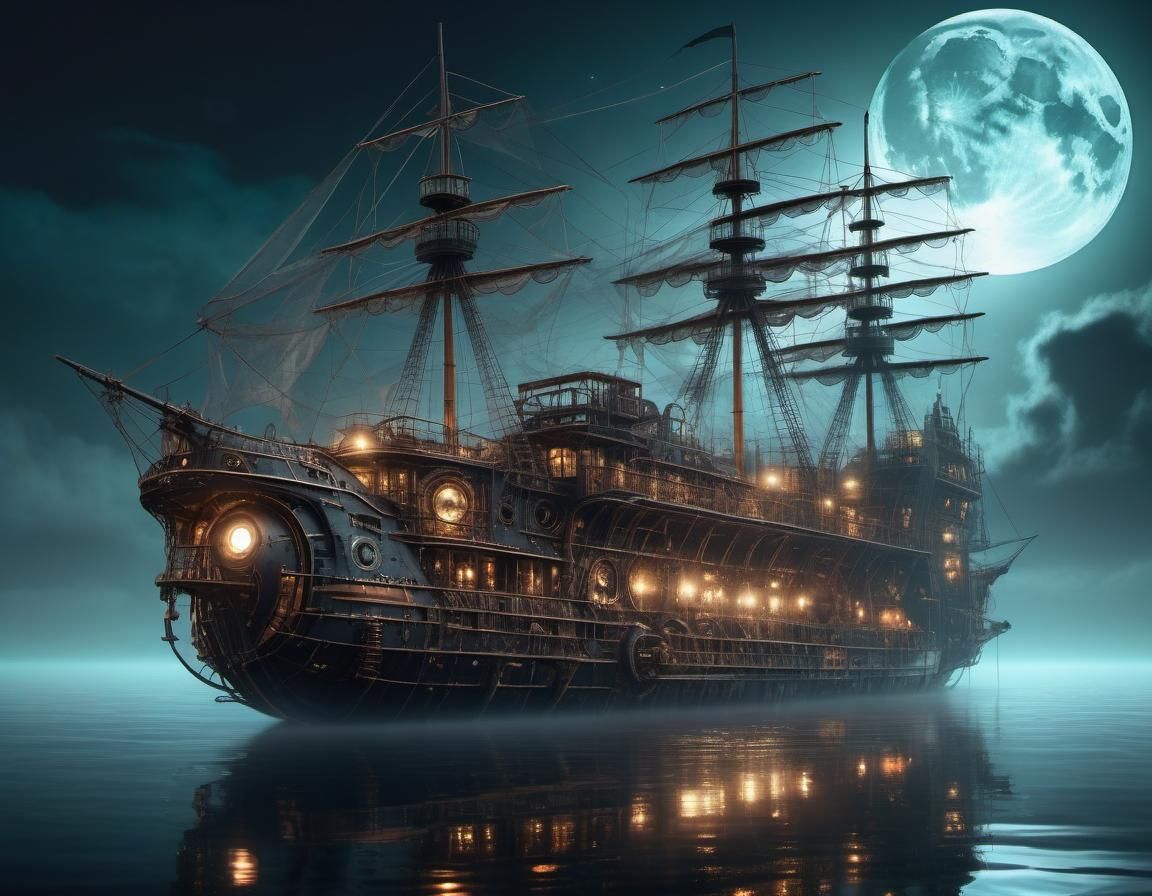 Steampunk Ghost Ship on a Foggy Night