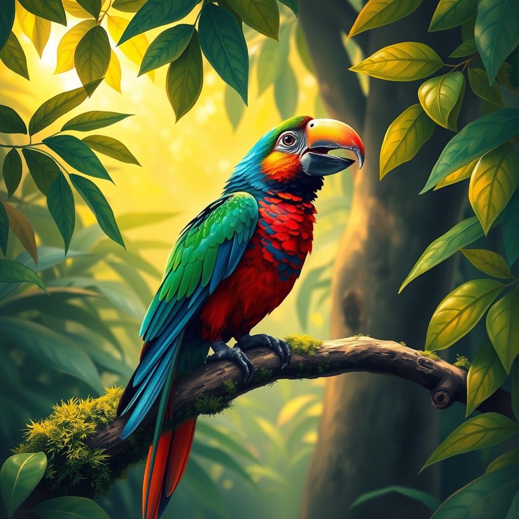 Joyful Jungle Bird Perches in Vibrant, Dreamlike Scene