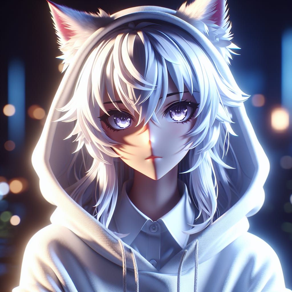 Anime Wolf-Girl with White Hair in Cel-Shaded Style
