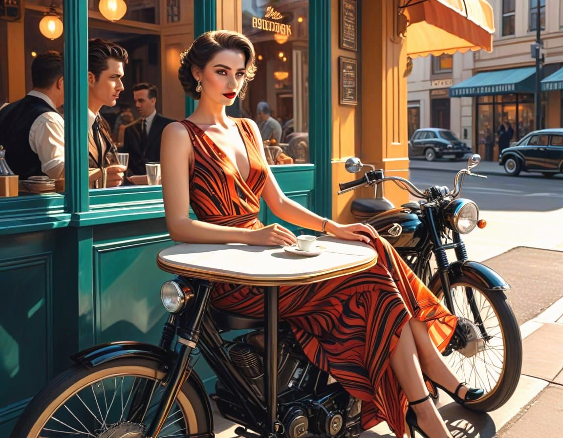 Art Deco Romance: Woman Meets Greaser on Bike