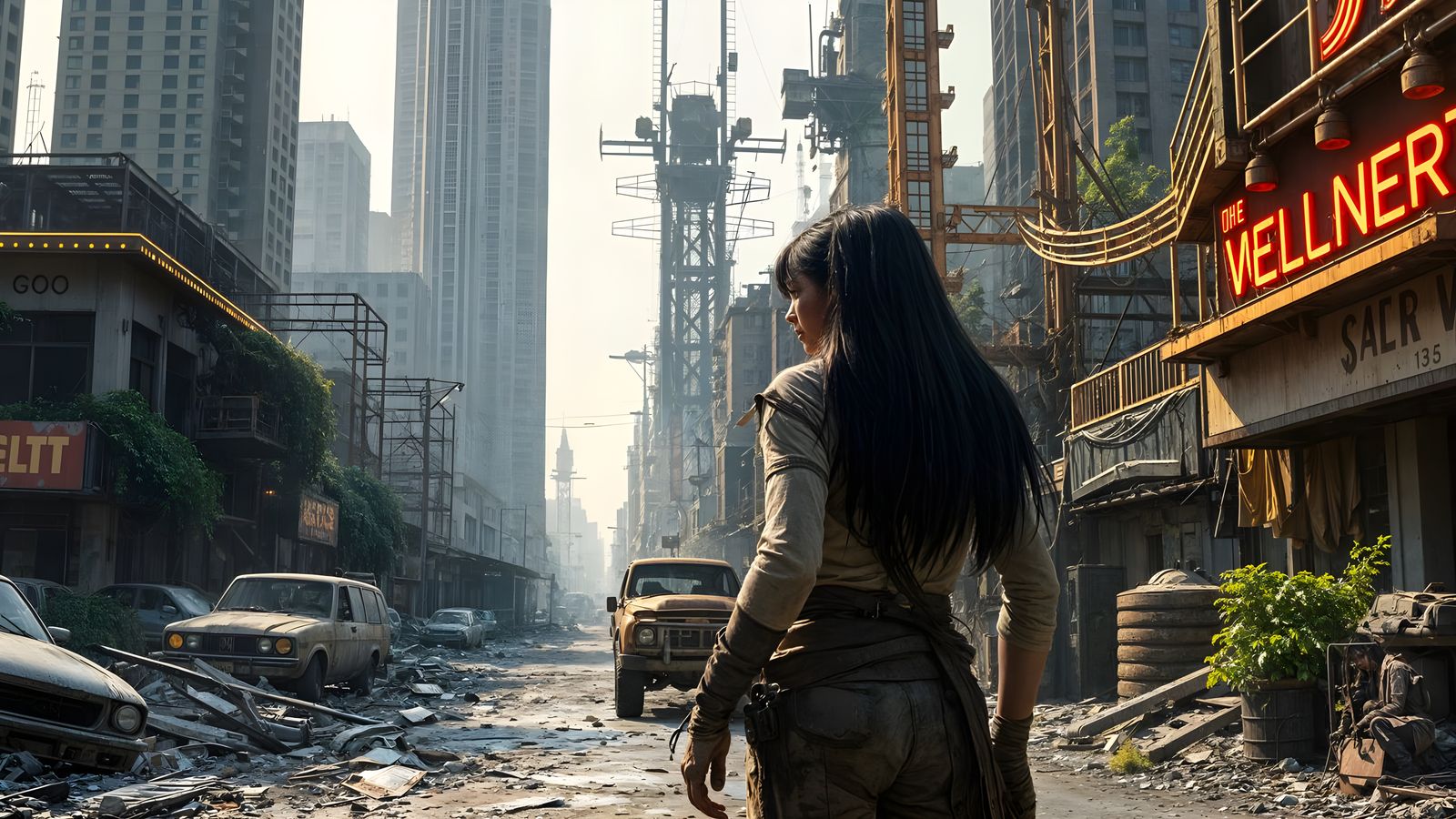 Post-Apocalyptic Cyberpunk City Sunrise: Photorealistic Scen...