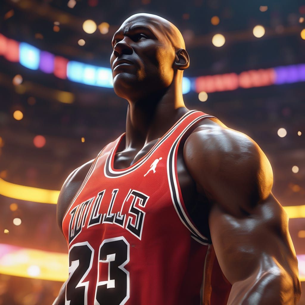 Michael Jordan in Dynamic 3-Pointer Pose with Golden Lightin...