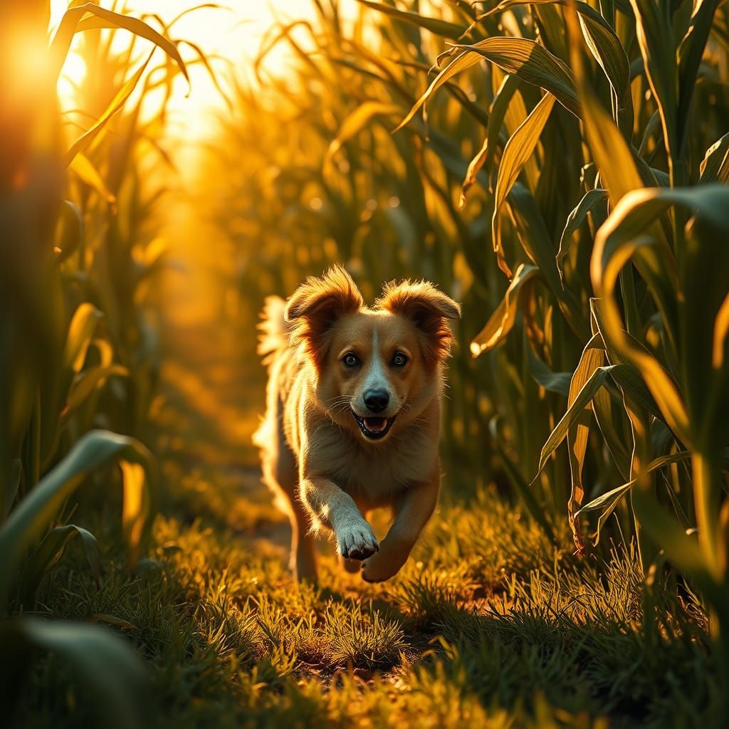 Dog Runs Through Corn Maze in Art Nouveau Style