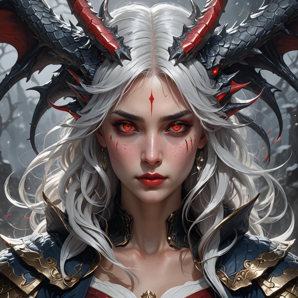 Ancient Dragon Portrait with White Hair and Horns