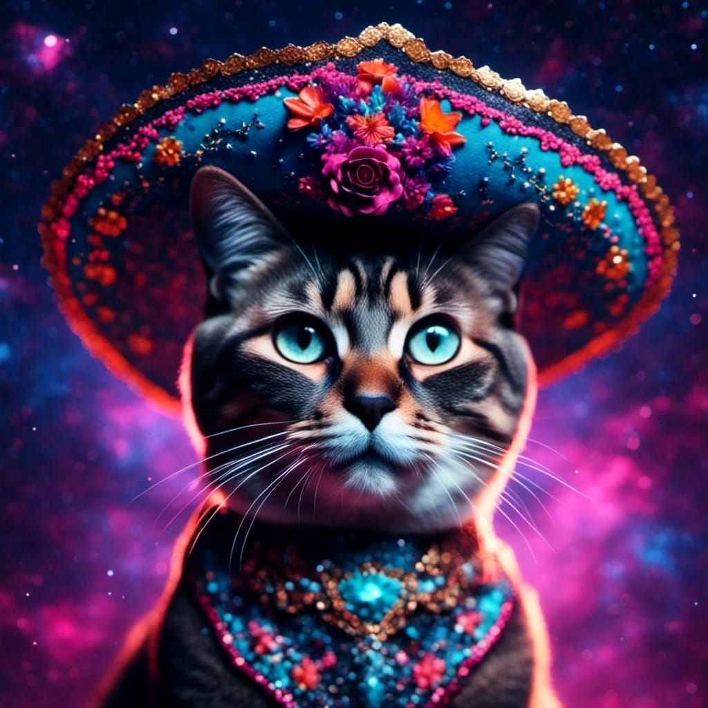Sombrero Cat Portrait in Galaxy Space