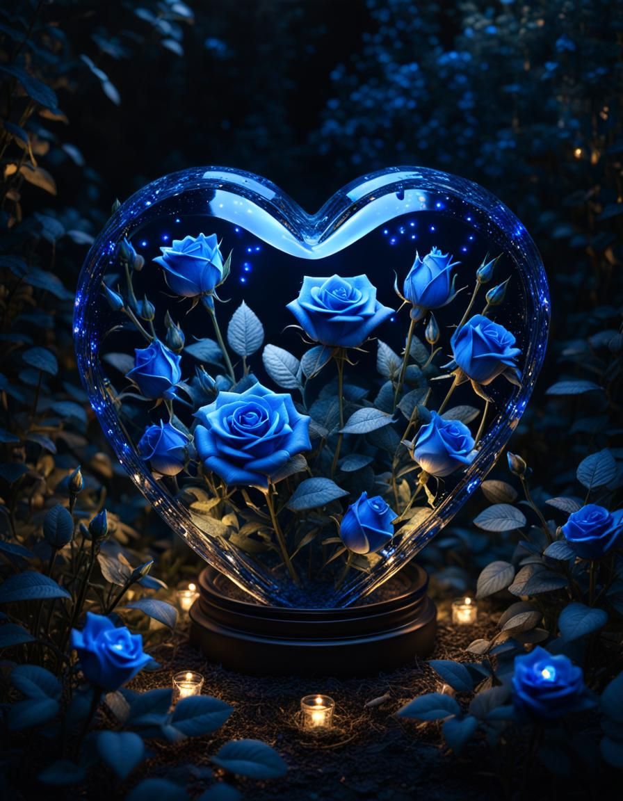 Crystalline Heart with Blue Roses in Night Garden