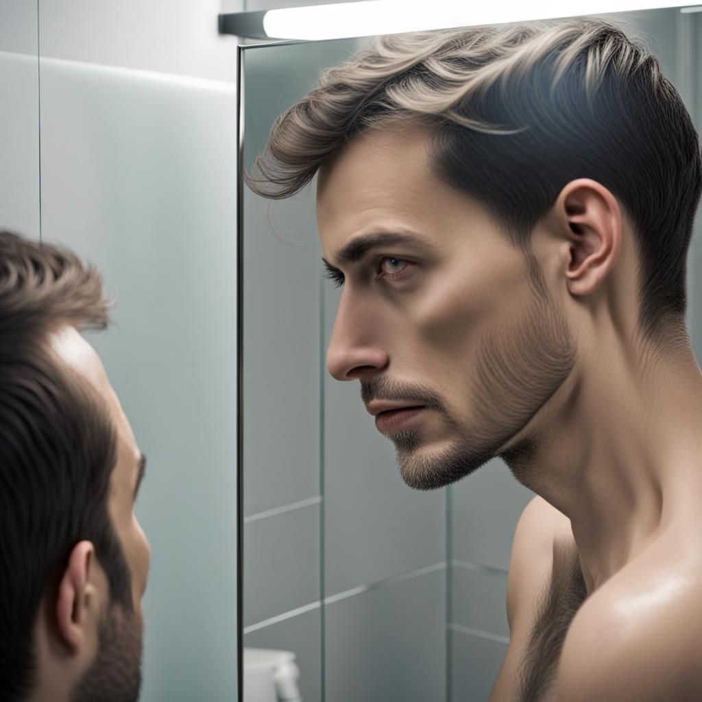 Fragmented Reflection: Man's Face in Broken Mirror