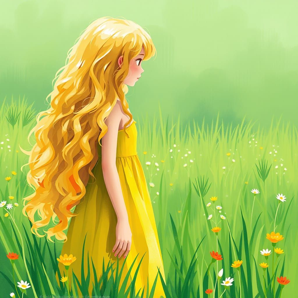 Girl in Meadow, Inspired by Animation and Dreamscapes