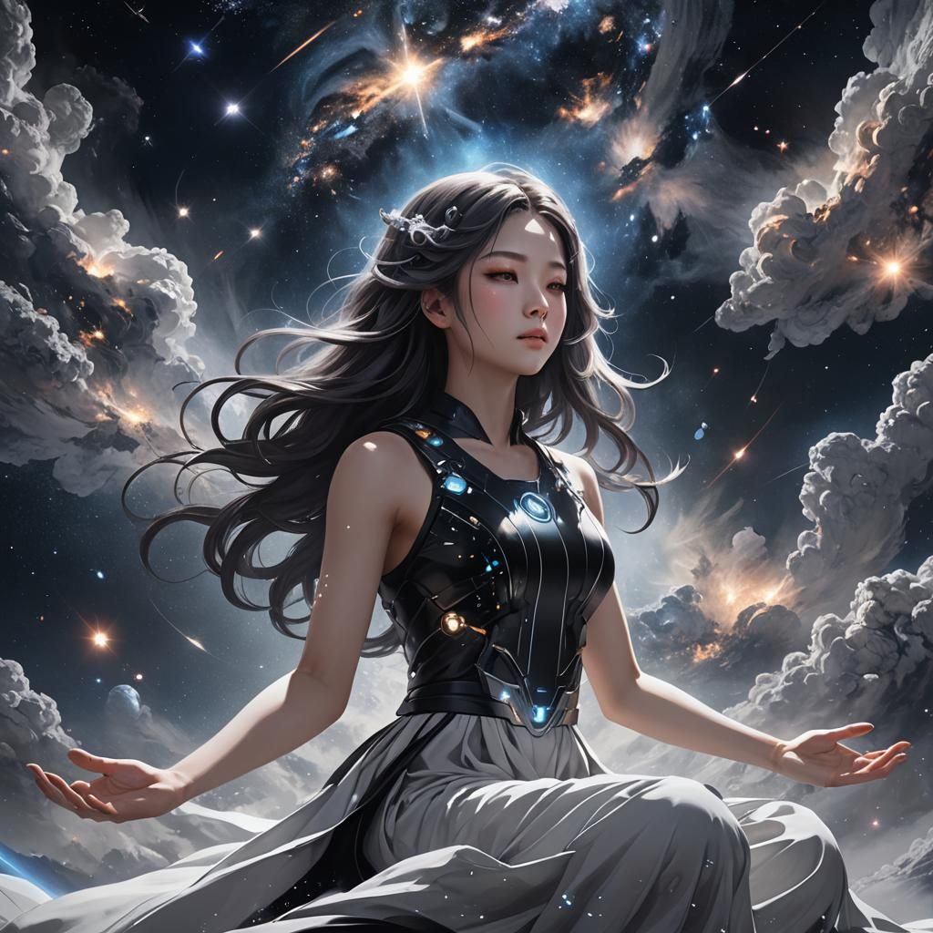 Meditating Woman in Space with Nebula Aura