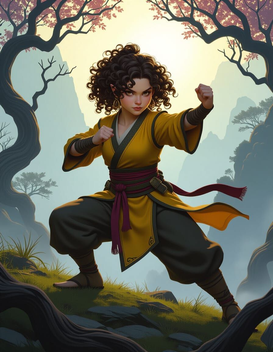 Halfling Monk Training on Misty Hill in Dark Fantasy Style