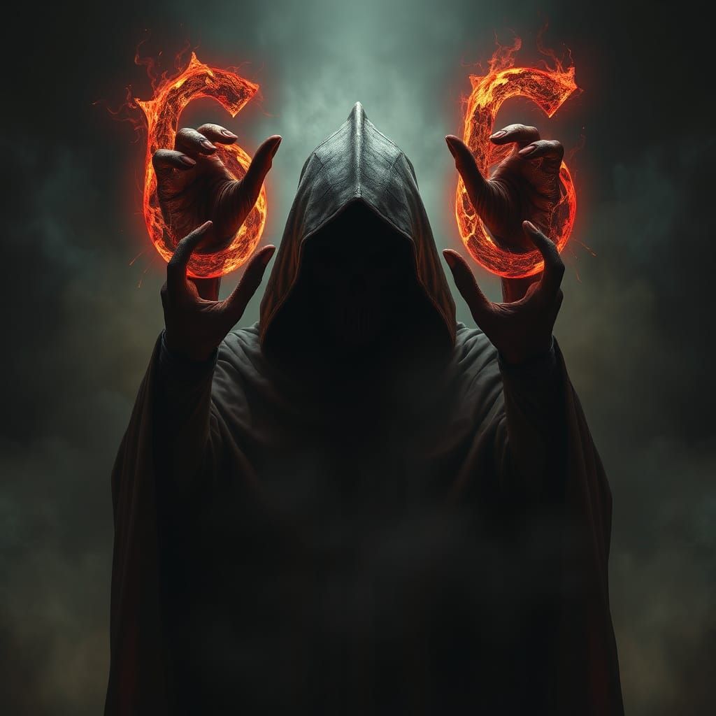Ominous Figure Holding Glowing Number 666