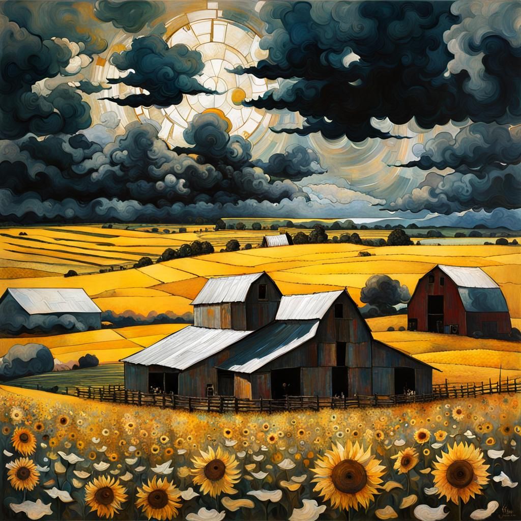 Sunflower Barn with Farm Animals, Surreal Mixed Media
