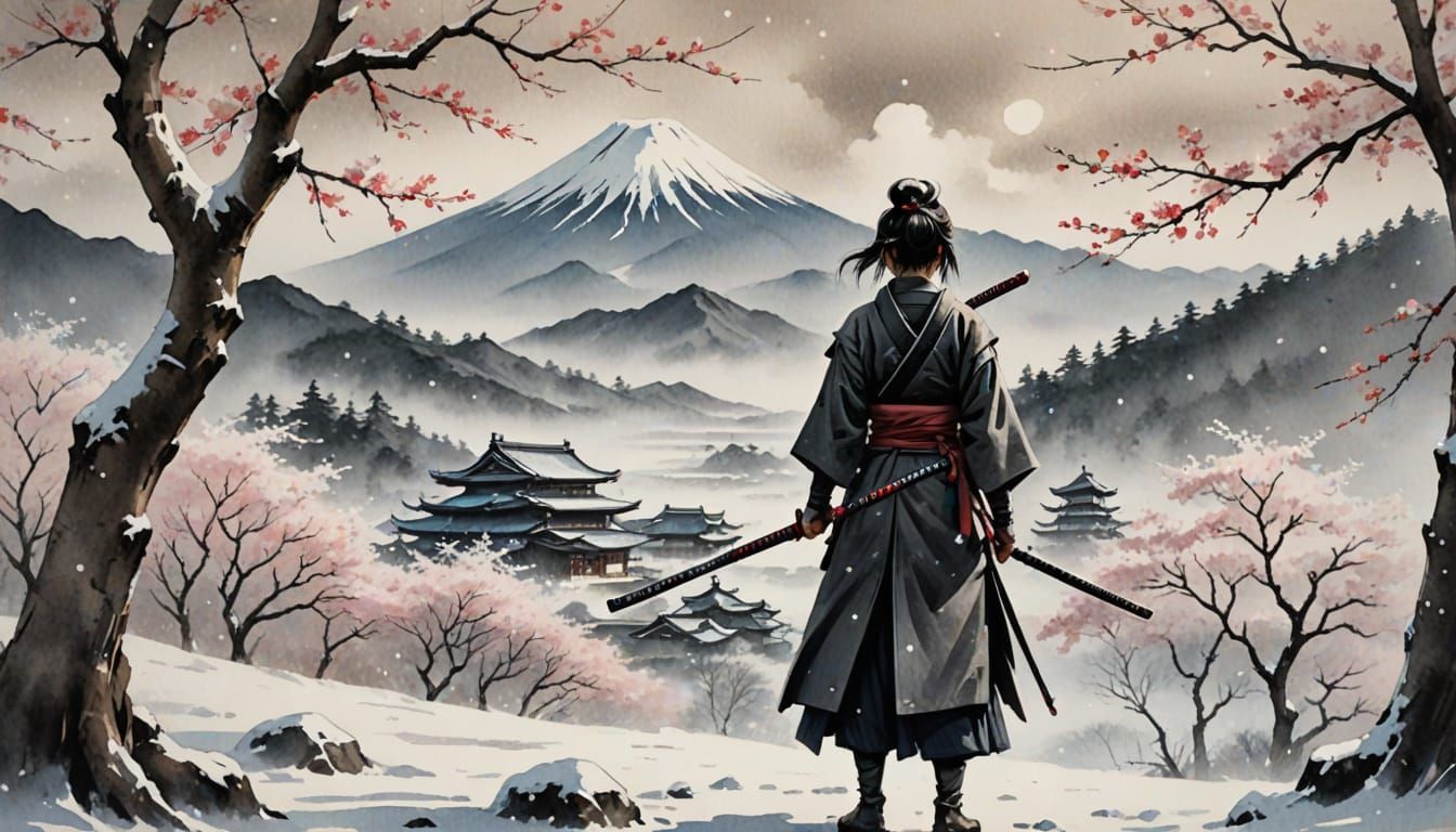 Female Samurai on Battlefield in Sumi-e Style