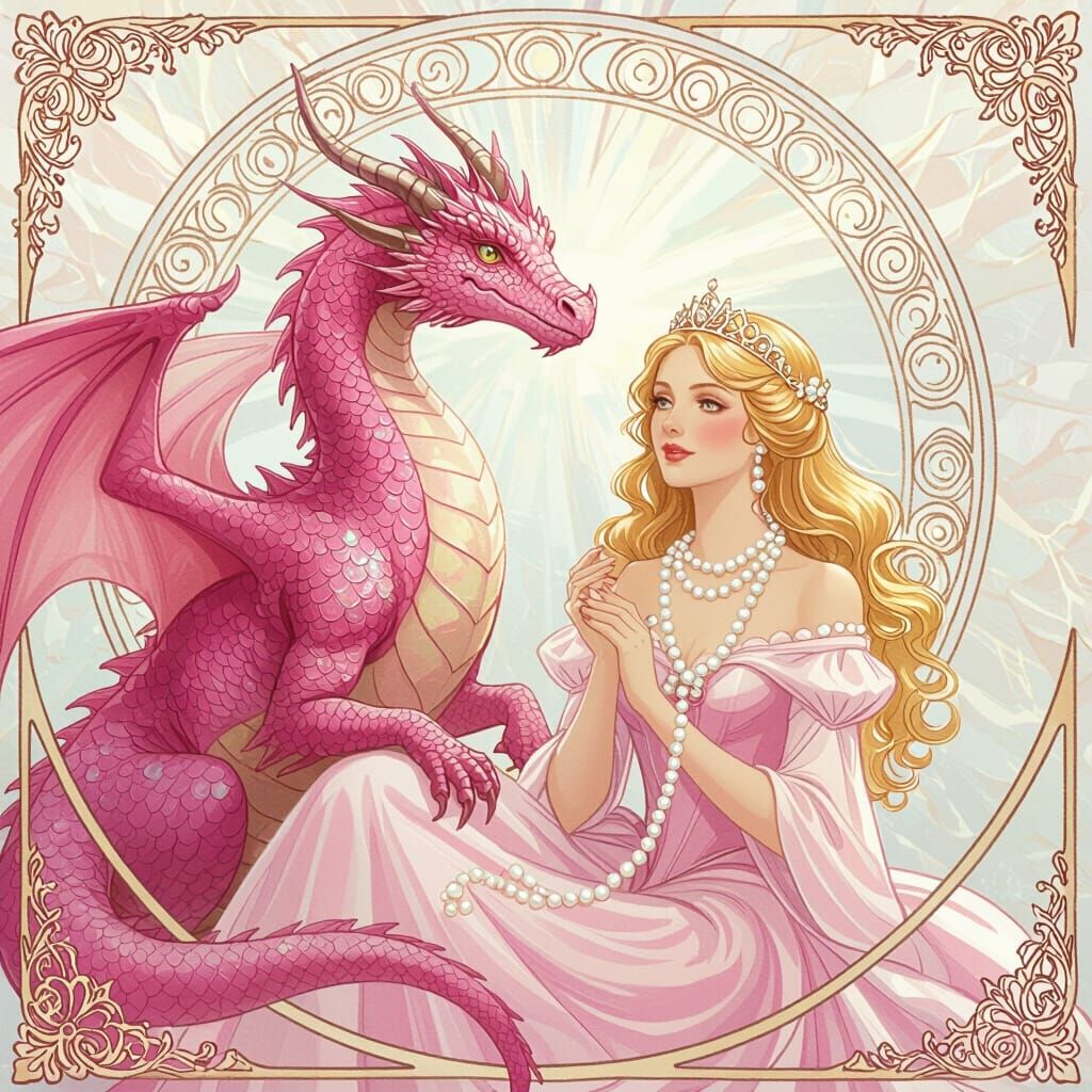 Pink Dragon and Princess with Pearl Necklace in Pastel Style
