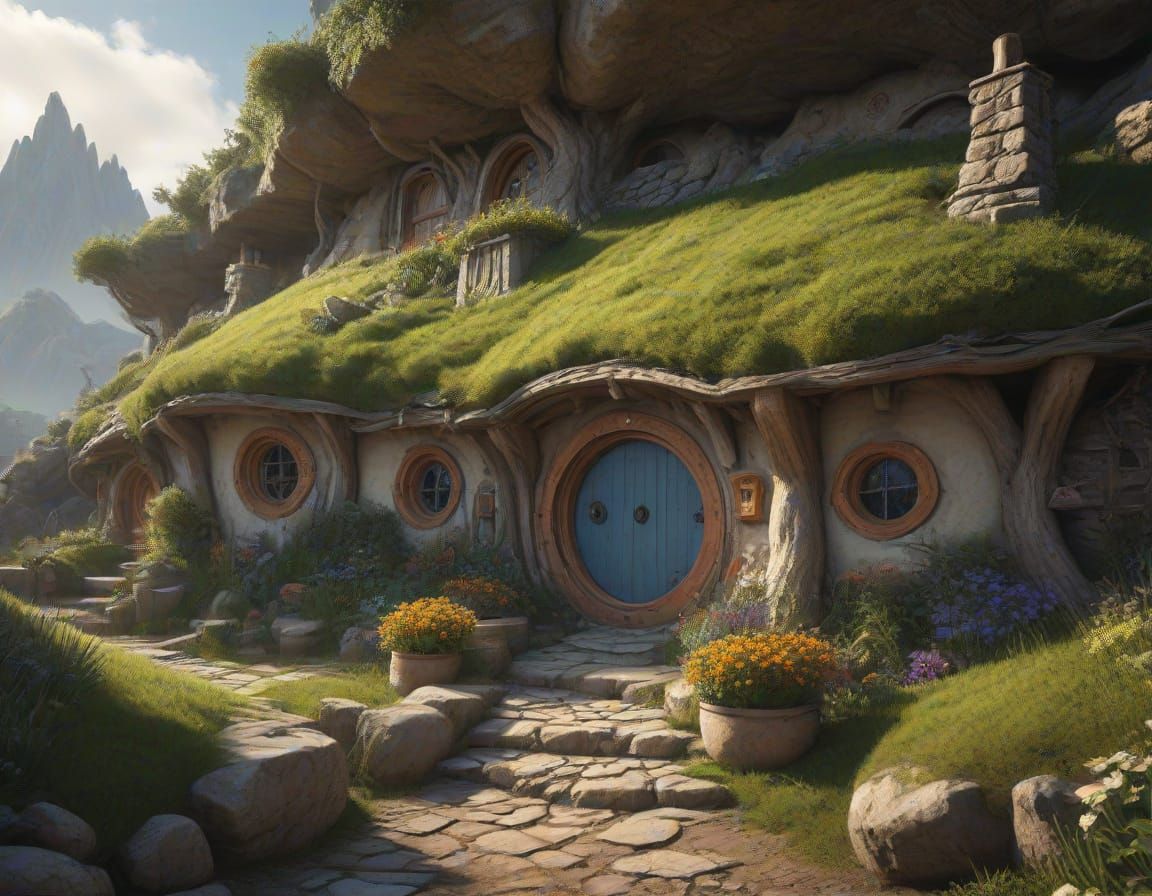 Mystical Hobbit Home in an Earthen Mound, Fantasy Art in Ala...