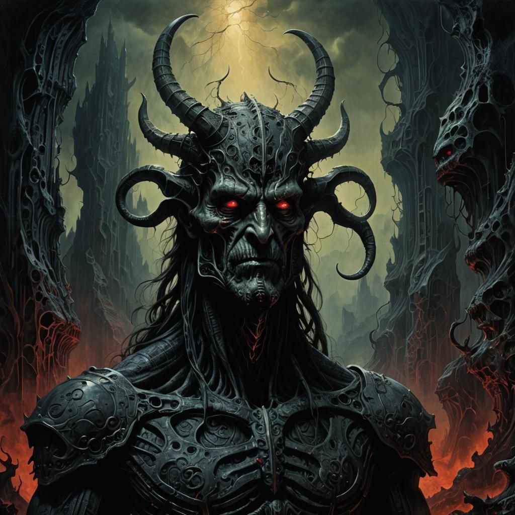 Ominous Horned Figure with Crimson Eyes