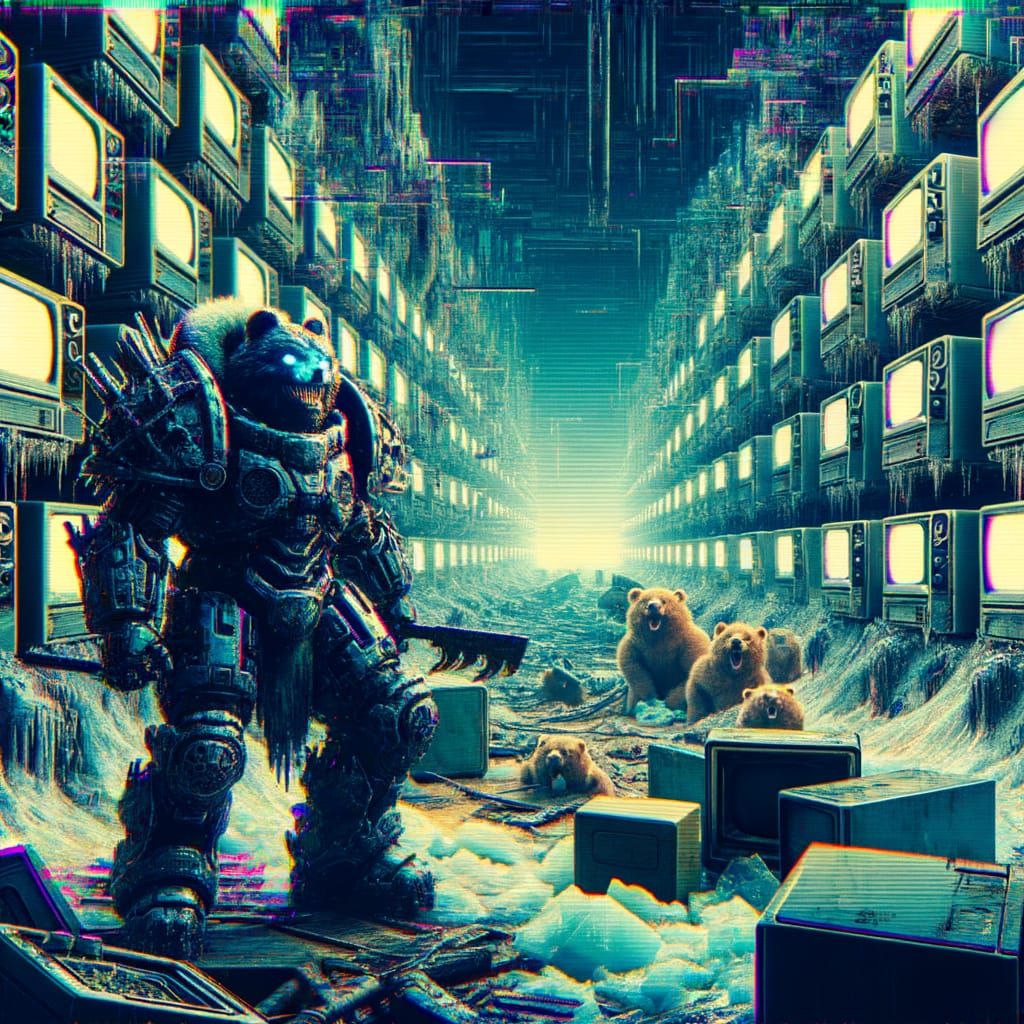 Cyberpunk Junkyard Bear in Glitchcore Landscape