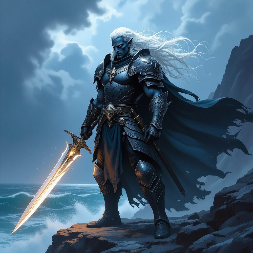 Brooding Dark Elf Warrior on Windswept Cliff