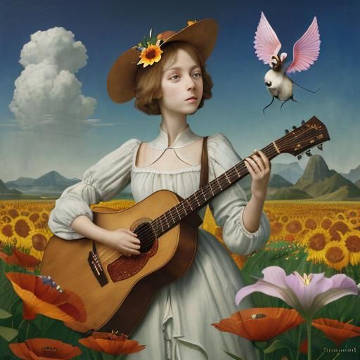 Surreal Anthropomorphic Flower Dreamscape in Oil Painting St...