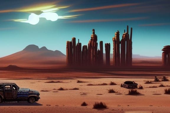 Wasteland Desert Town in Cinematic CGI Style