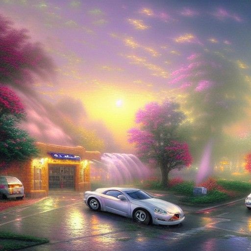 Ethereal Car Wash Fantasy in Kinkade Style