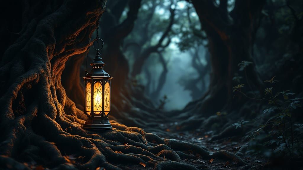 Antique Lantern Glows in Mysterious Ancient Forest