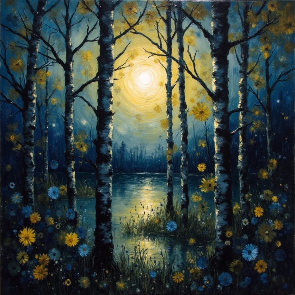 Midnight Full Moon Through Birch Trees in Klimt Style