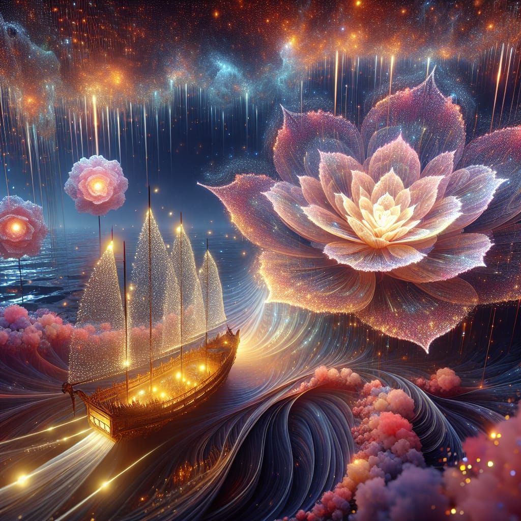 Glowing Blossom Boat in a Fantasy Cosmos