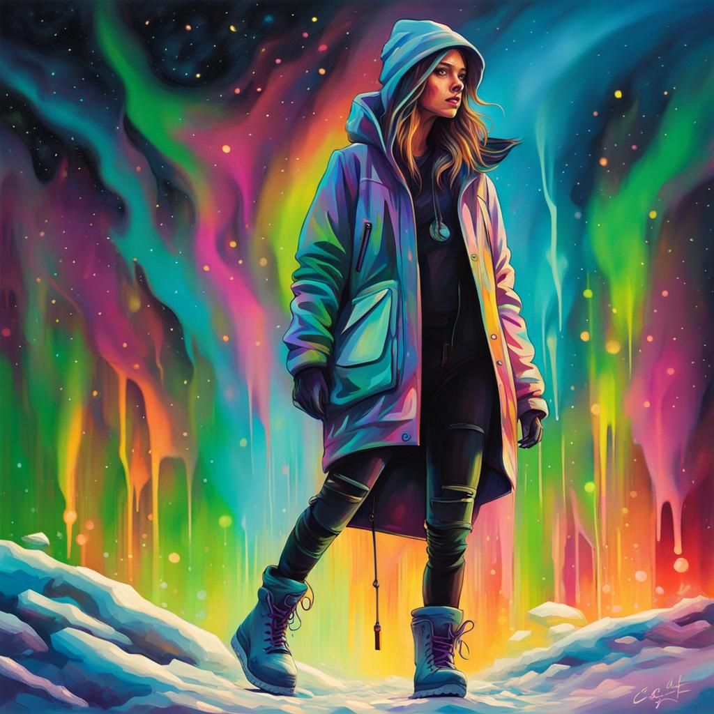 Girl Under Northern Lights in Graffiti Art Style