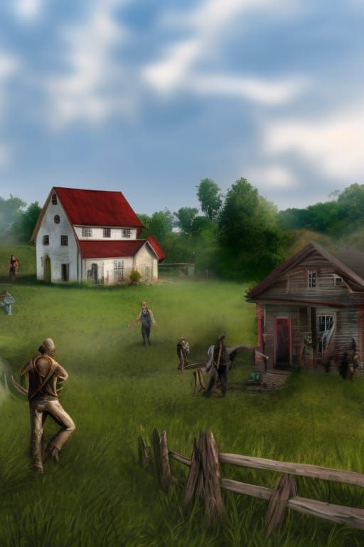 Burning Farmhouse Zombie Attack in Comic Art Style