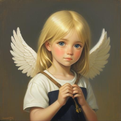 Oil Painting of Cute Blonde Angel Girl