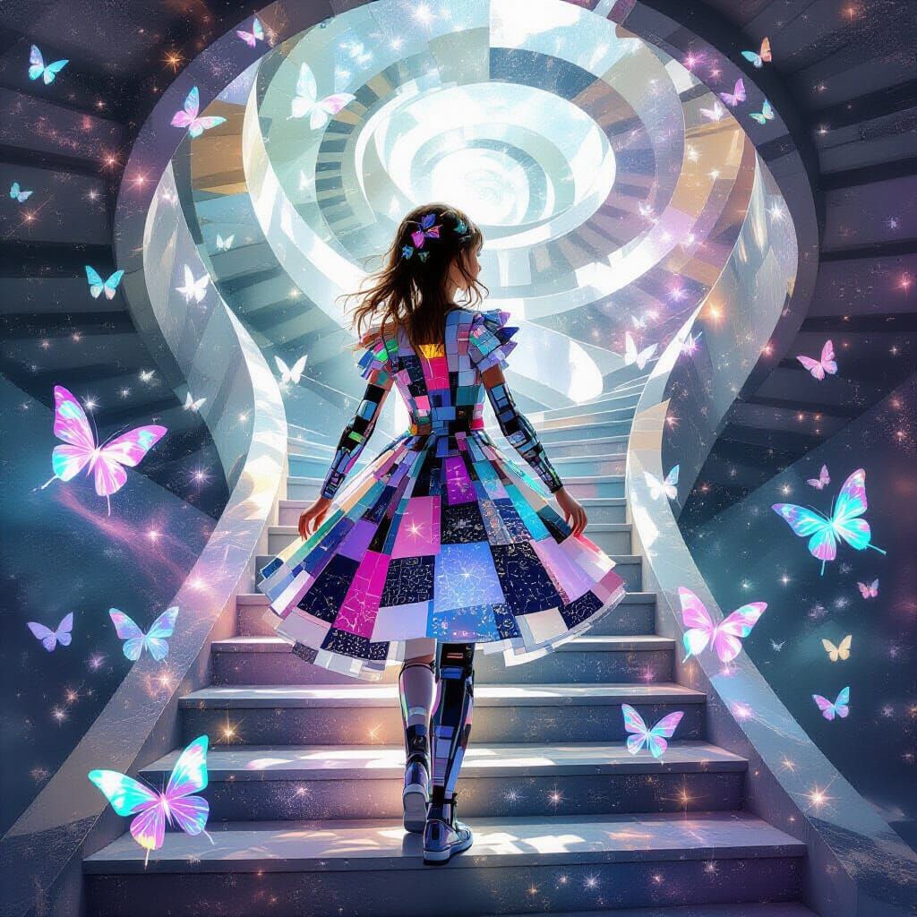 Cyborg Girl in Escher Labyrinth with Holographic Butterflies