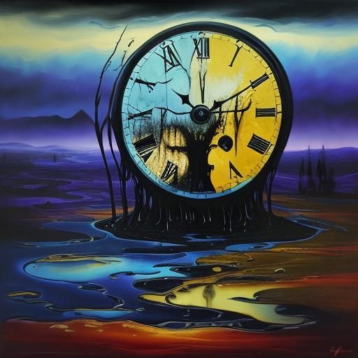 Dreamscape with Melting Clock in Surreal Oil Painting