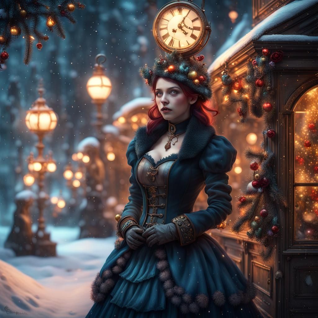 Steampunk gothic Colorful Christmas in a magical fairy  Winter wonderland
