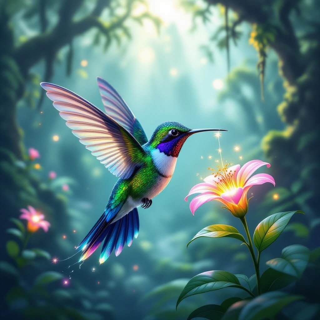 Ethereal Hummingbird in Misty Rainforest