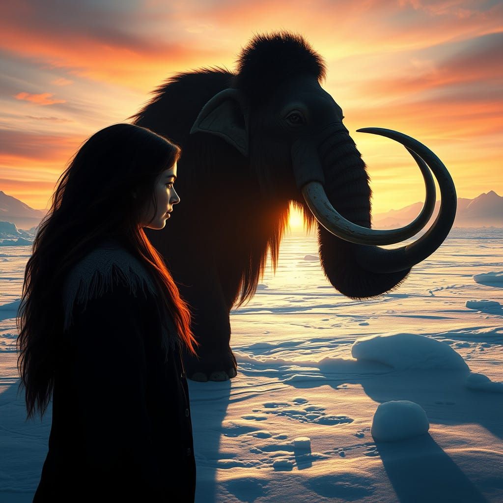 Surreal Hyperrealistic Mammoth Shadow Emerges in Icy Landsca...