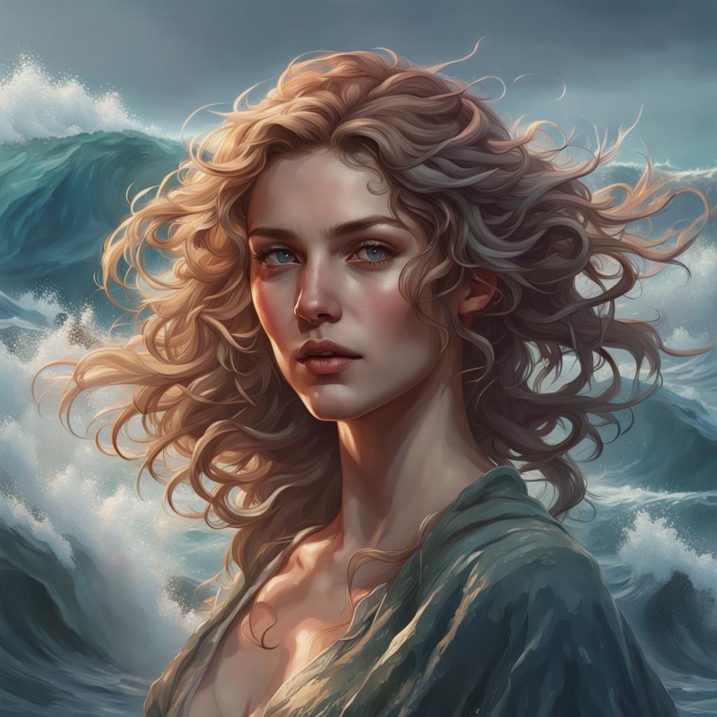 Ocean Waves Portrait in Hyperdetailed Splash Art Style