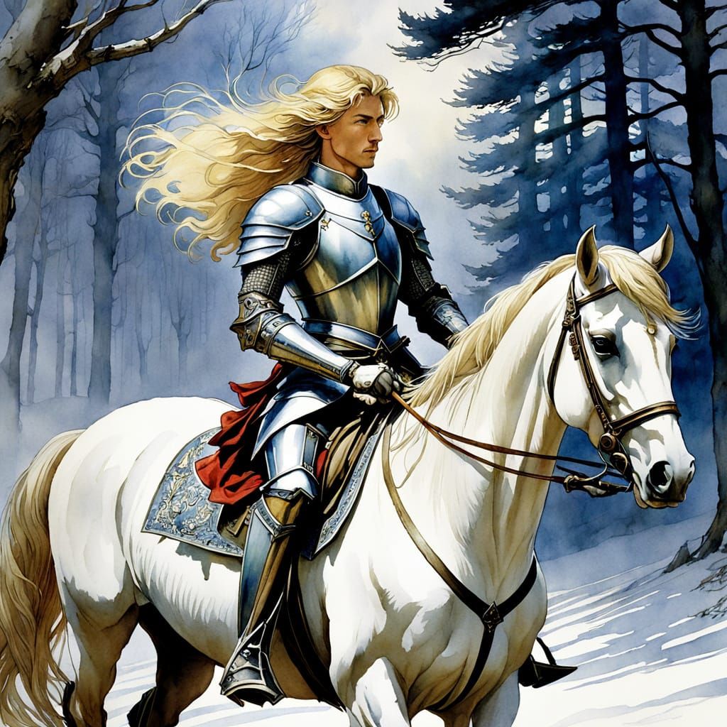 Blond Knight and Palomino Horse in Fairytale Watercolor Styl...