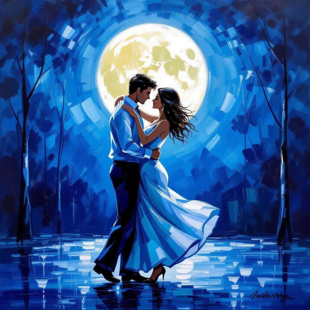 Couple Dancing in Moonlight - Acrylic Oil Painting