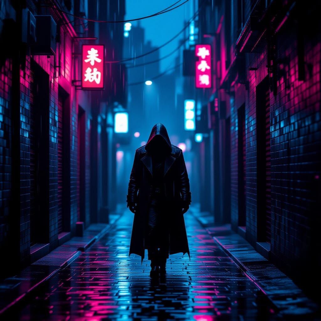 Shadowed Figure Hiding in Gritty Cyberpunk Alley