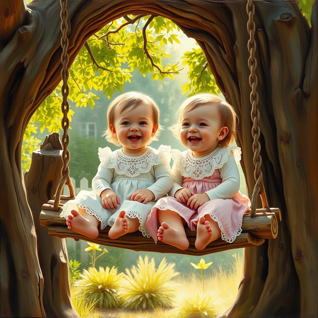 Happy Twins Swing in a Whimsical Forest Landscape