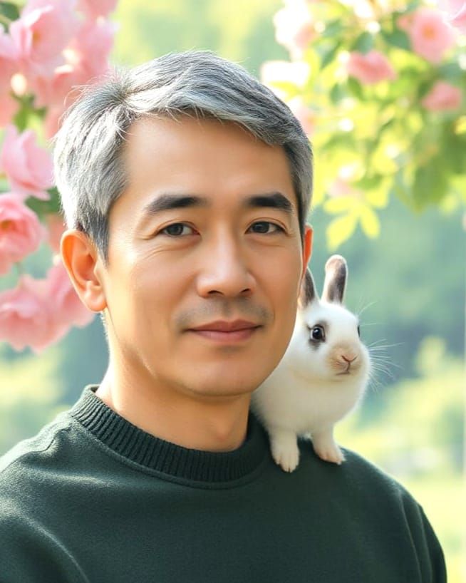 Serene Gentleman with a Playful Lionhead Companion in a Lush...