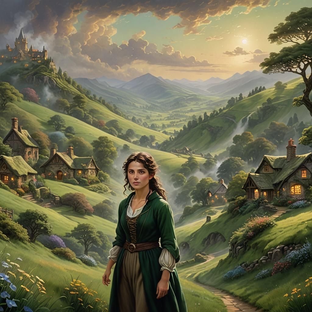 Middle-Aged Hobbit in Ethereal Fantasy Landscape
