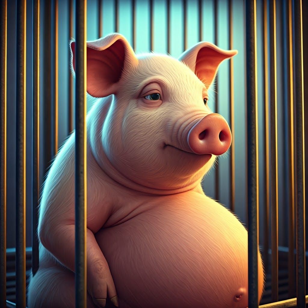 Pensive Pig in Gestation Crate, Pixar-Style 3D