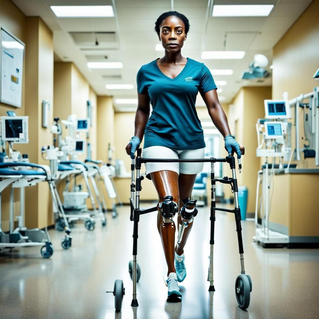 Young Amputee Woman Walking with Prosthesis