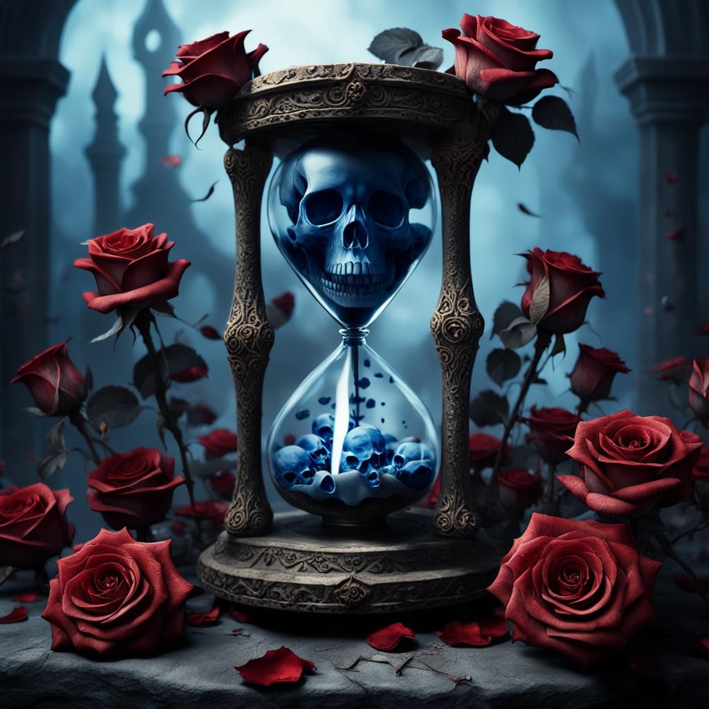 Gothic Hourglass Filled with Skulls and Roses