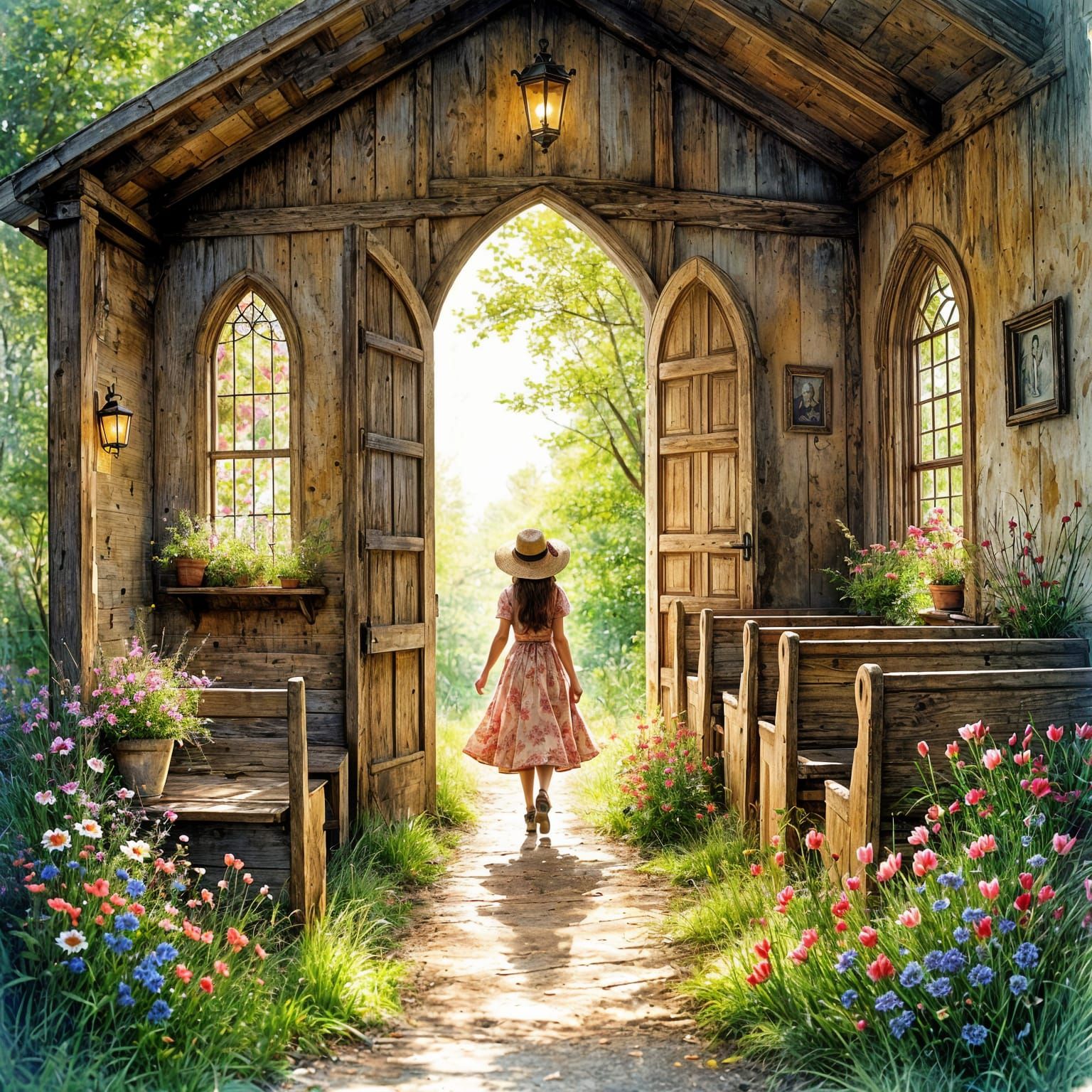 Surreal Country Church Awakening in Vibrant Watercolor