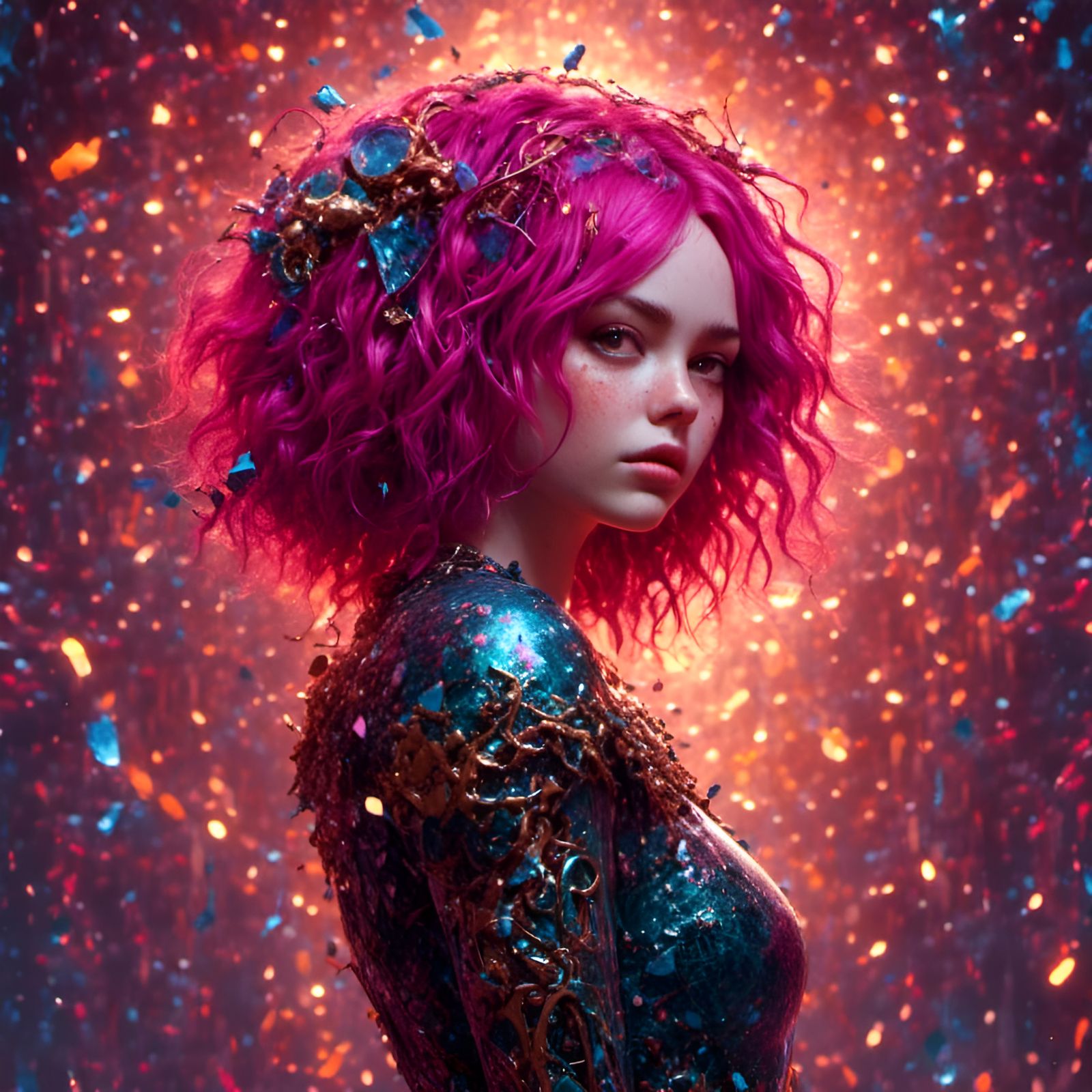 Magenta Haired Woman: Intricate 3D Digital Art